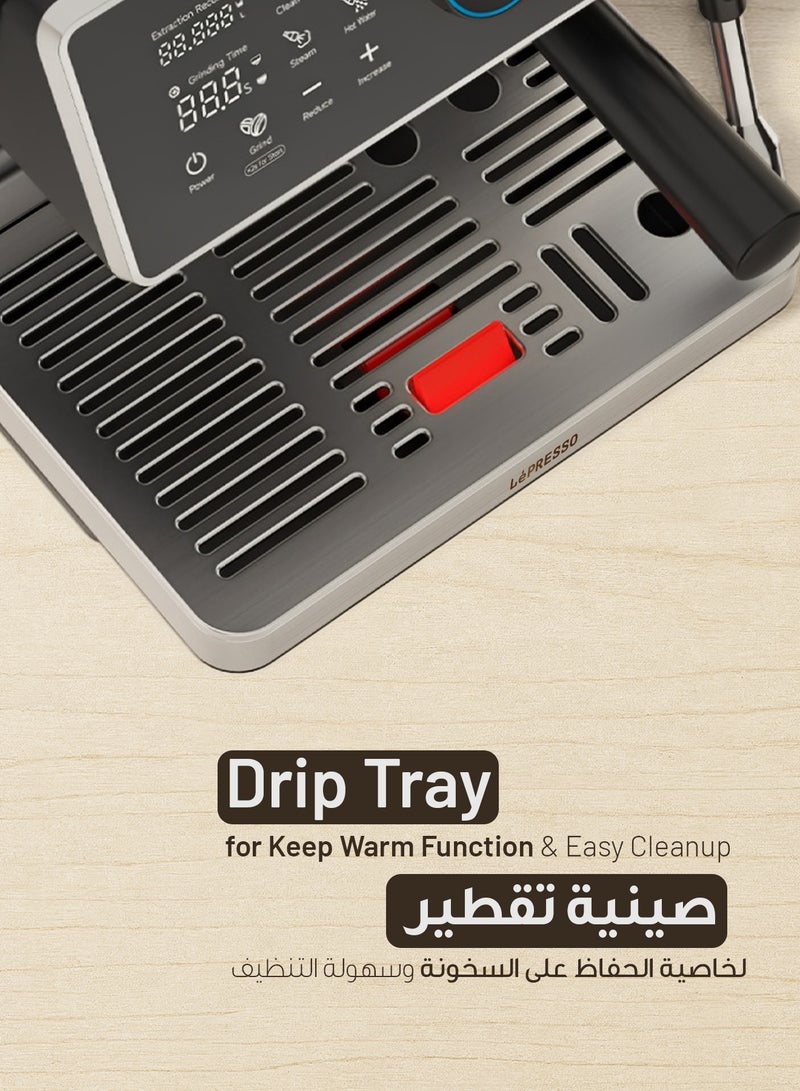 LePRESSO Semi Automatic Dual Boiler Coffee Machine with Touch Display & Adjustable Grinder, Espresso Maker, Milk Steamer, 20 Bar Pressure, Pitcher, Portafilter, Included Portafilter Bottomless 58mm Coffee Machines, Stainless Steel, Wood, Alloy(Ring), Ergonomic Design, Scoop & Tamper Included, Good for Home, Office, and more - Image 4